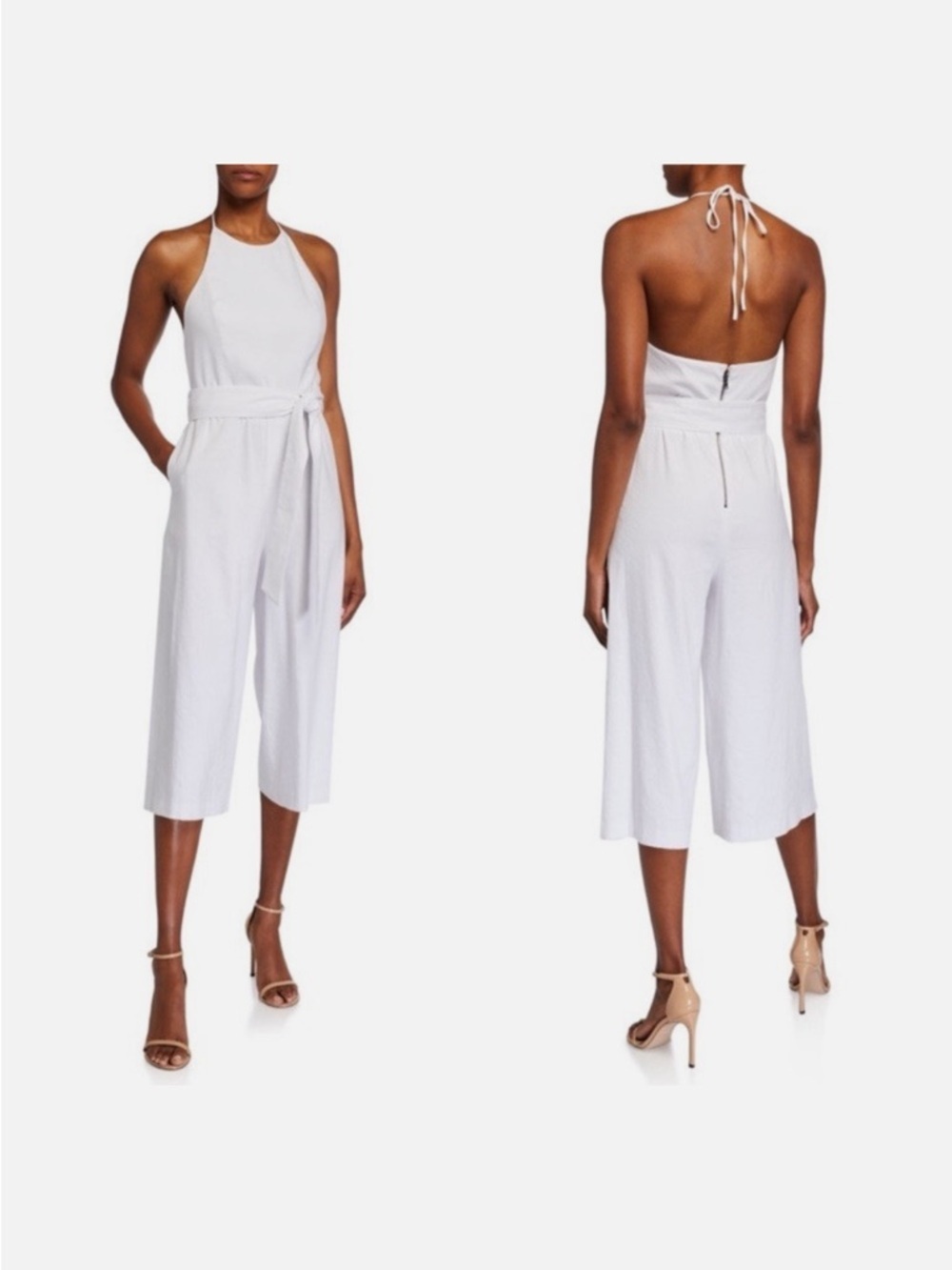 Alice + Olivia White Linen Halter Tie-Waist Wide-Leg Jumpsuit